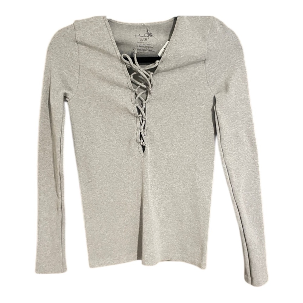FREE PEOPLE INTIMATELY Ribbed Lace-up Long Sleeve Top heather grey, size M/L NWT